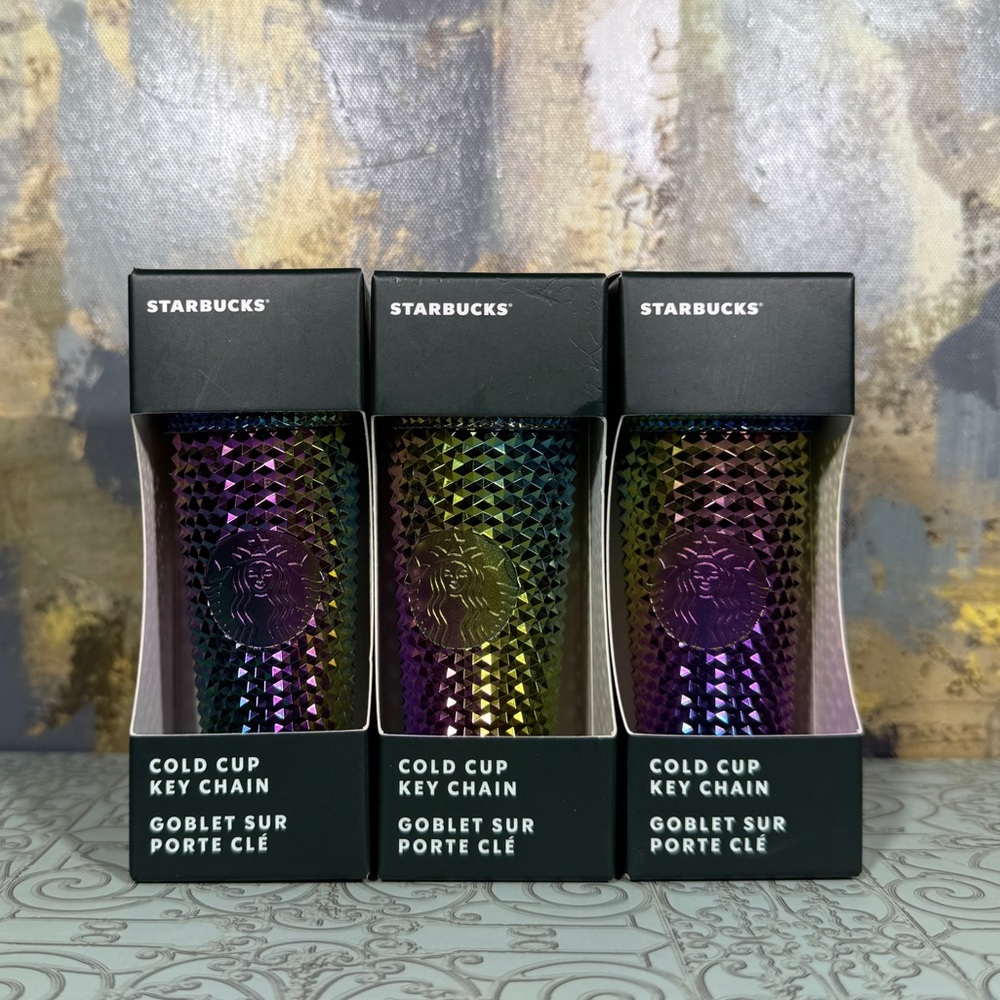NWT x3 Starbucks Oil Slick Bling Black PVD Studded Keychain Bundle